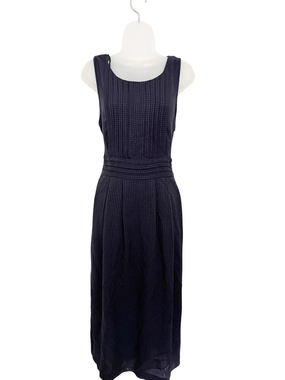 Vintage Melissa Harper Sleeveless Navy Checkered Pleated Dress with waist tie 12